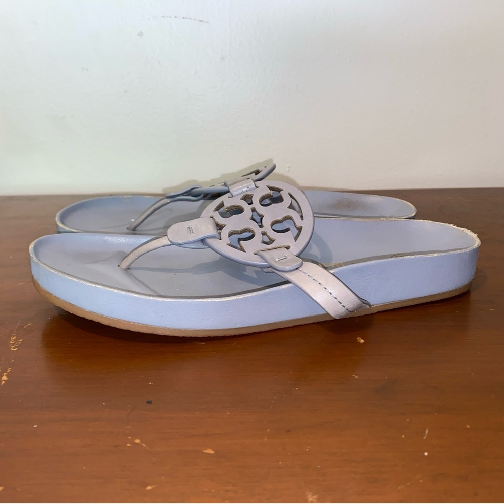 Tory Burch Miller Cloud Blue Gray Sandals with Cutout Logo Design Size 7 1/2 - Picture 5 of 10